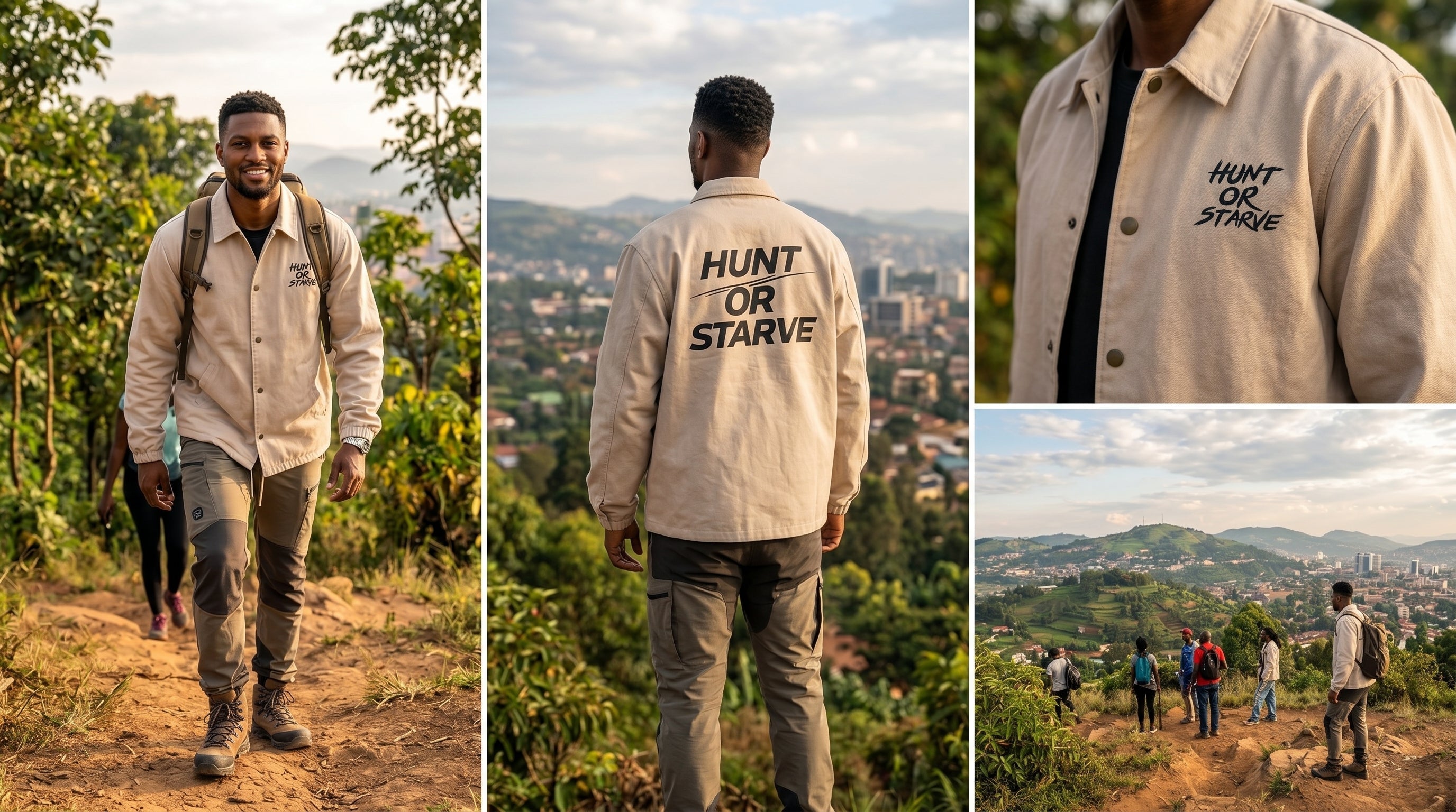 Two women in PRYNCE coach jackets — burgundy Hunt or Starve and forest green PRYNCE — on a Rwandan wooden bridge