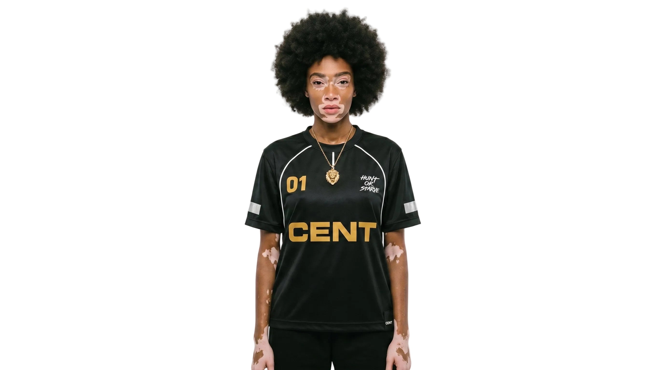 Person wearing a black sports jersey with 'CENT' branding on a white background
