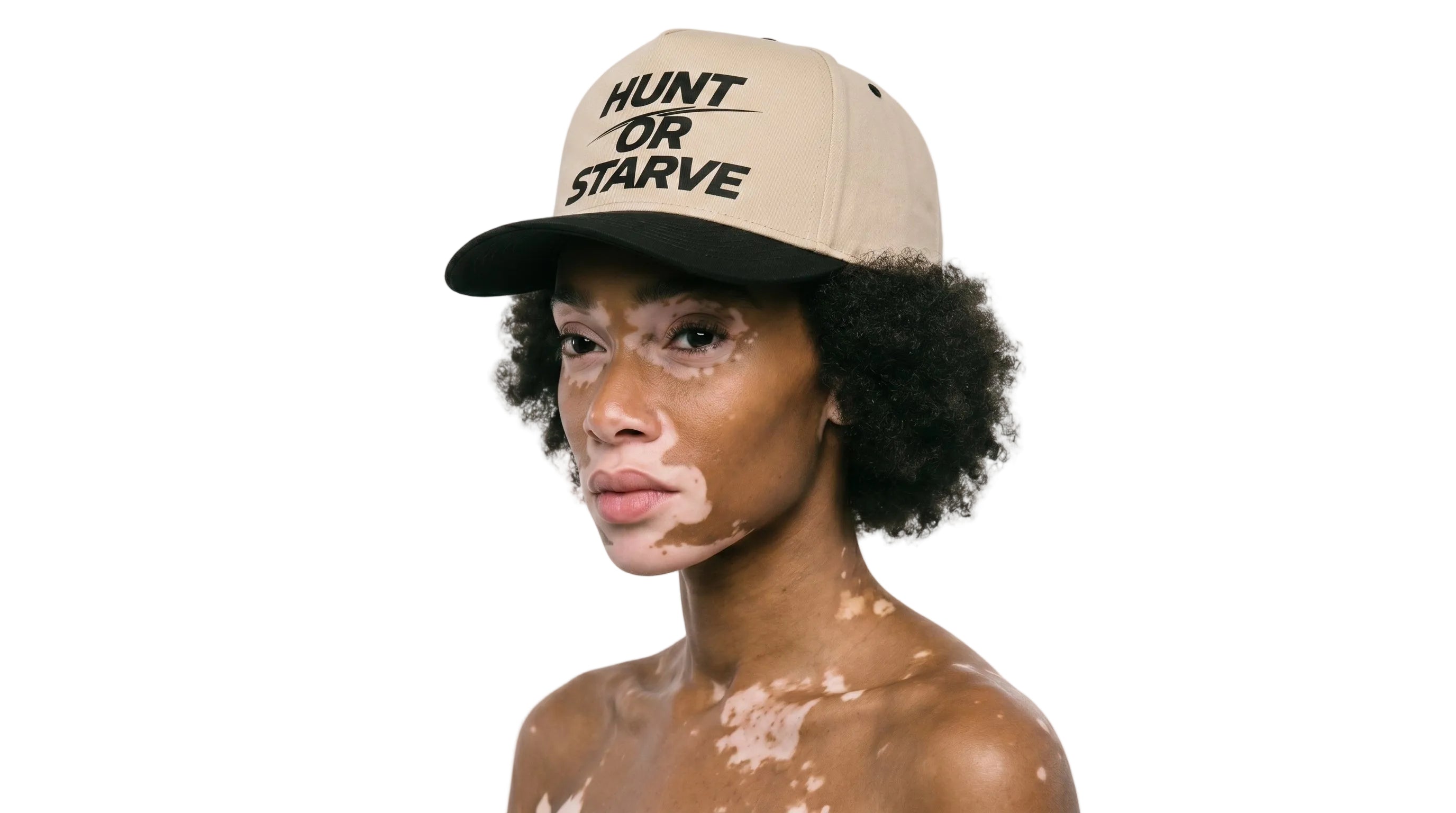 Person wearing a beige cap with 'Hunt or Starve' text on a white background