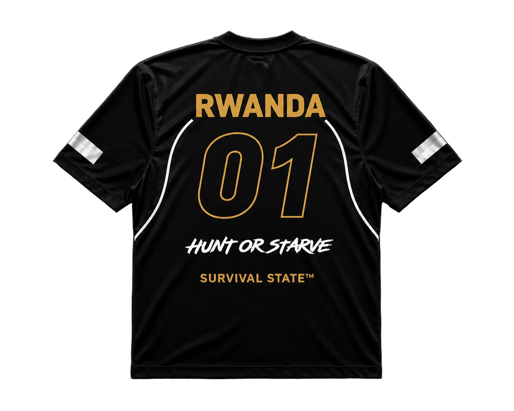 Rwanda Survival Kit jersey back view with RWANDA and Hunt or Starve graphics — PRYNCE x CENT