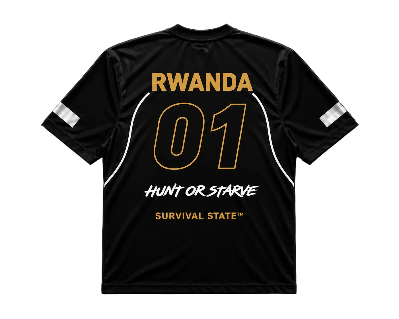Rwanda Survival Kit jersey back view with RWANDA and Hunt or Starve graphics — PRYNCE x CENT