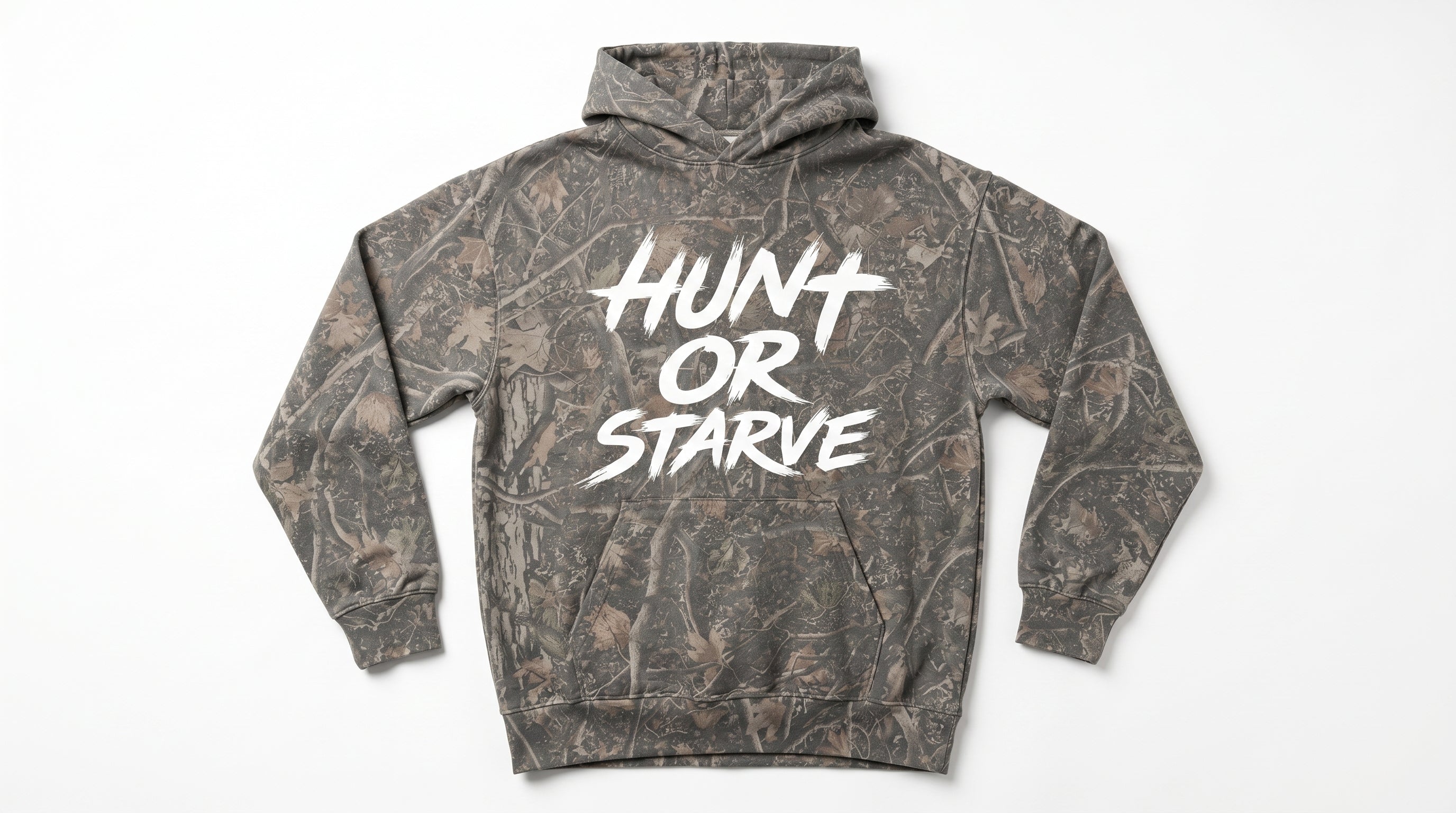 Camouflage hoodie with 'Hunt or Starve' text on a white background