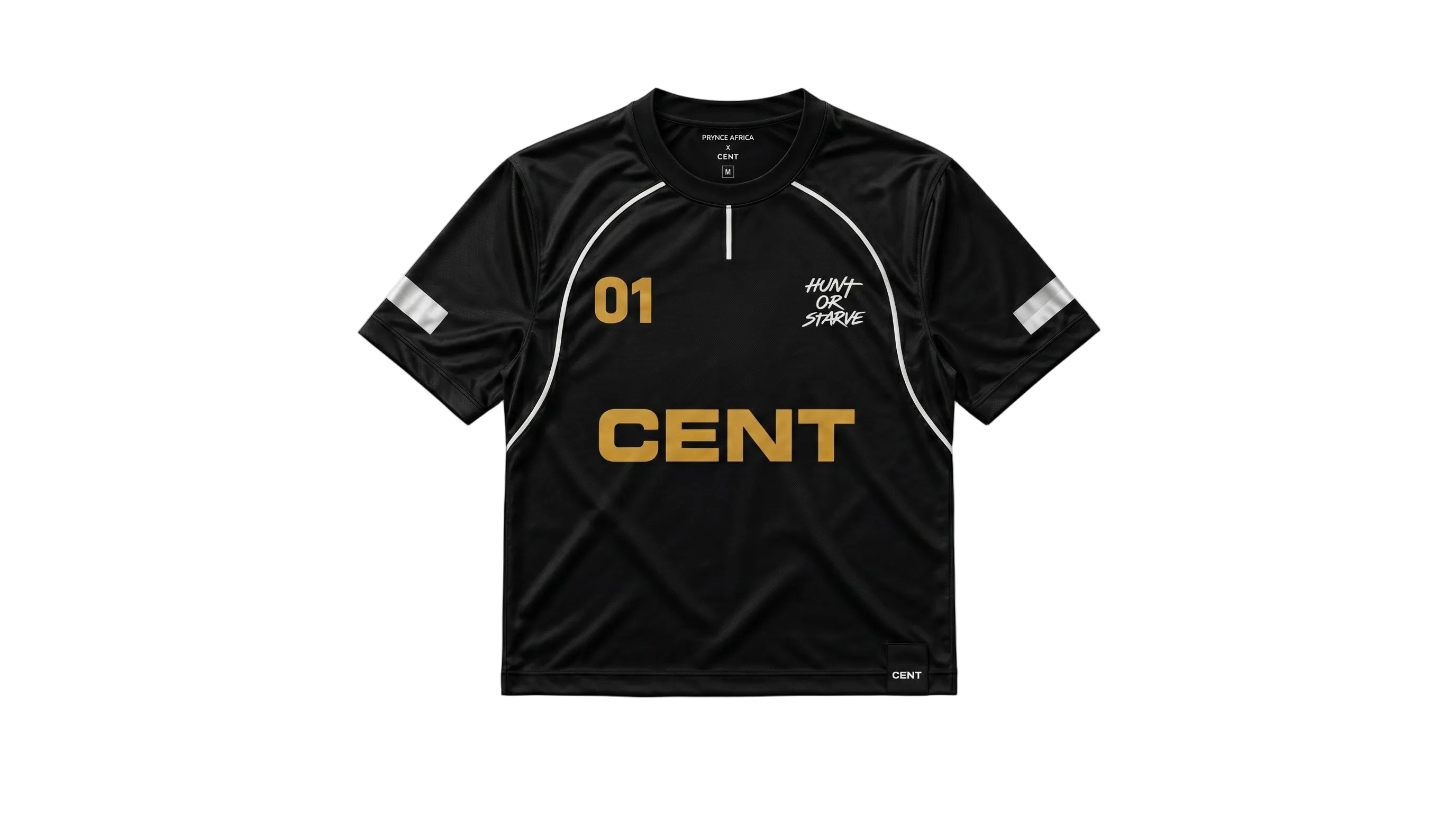 Black sports jersey with gold text on a white background