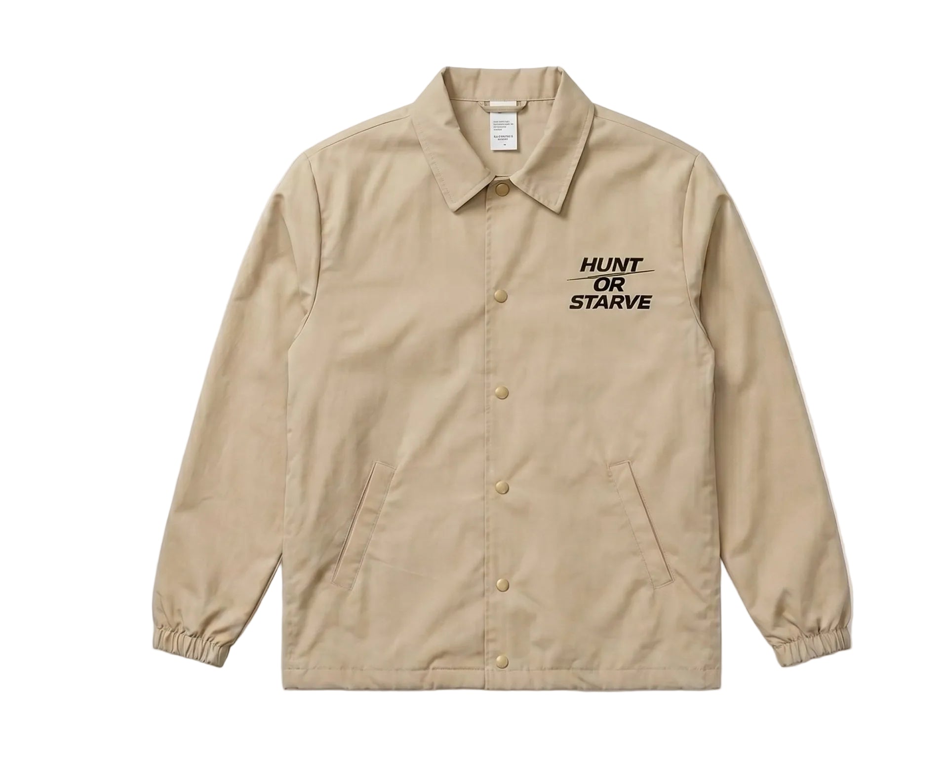 Beige jacket with 'Hunt or Starve' text on a white background