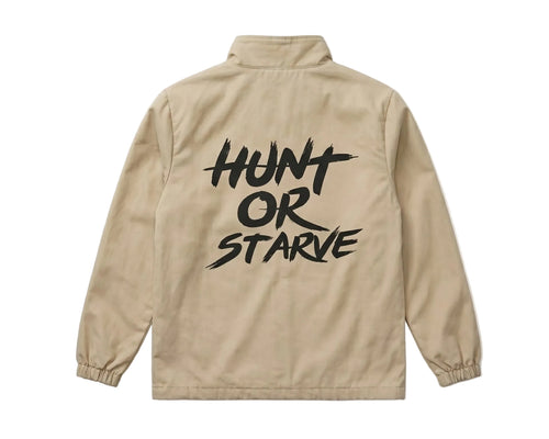 Beige jacket with 'Hunt or Starve' text on the back against a white background