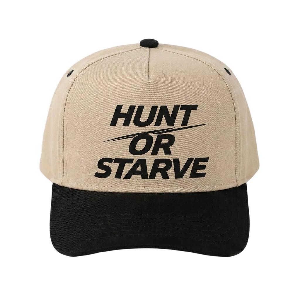 Beige and black cap with 'Hunt or Starve' text on a white background