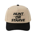Beige and black cap with 'Hunt or Starve' text on a white background