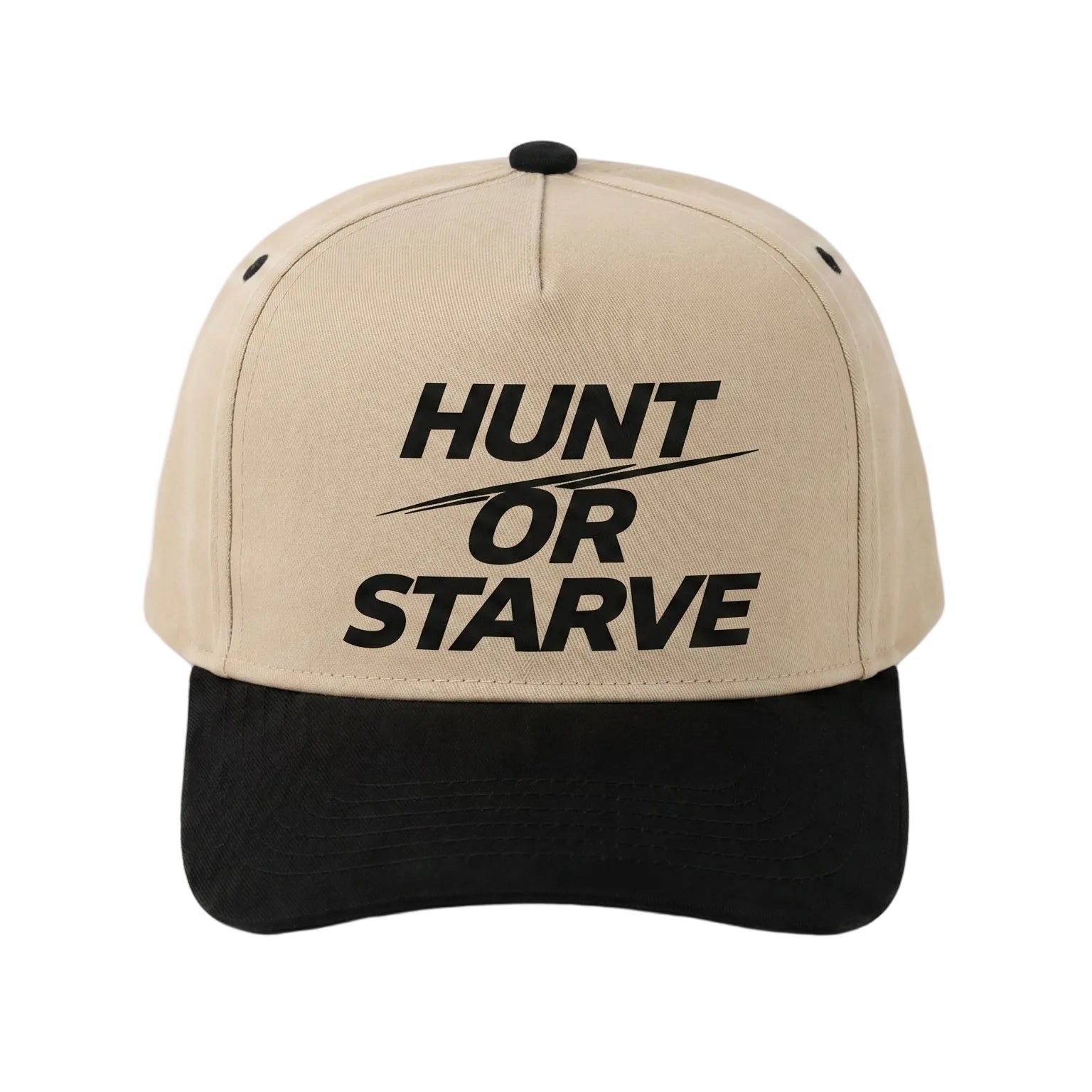 Beige and black cap with 'Hunt or Starve' text on a white background