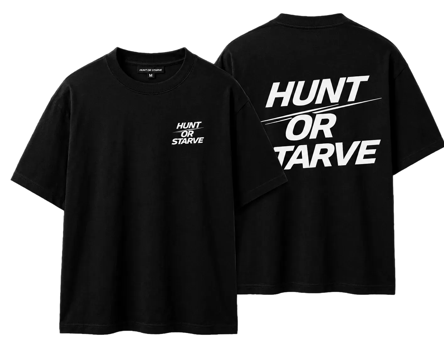 HUNT OR STARVE Tee front and back views — PRYNCE Africa flagship statement piece