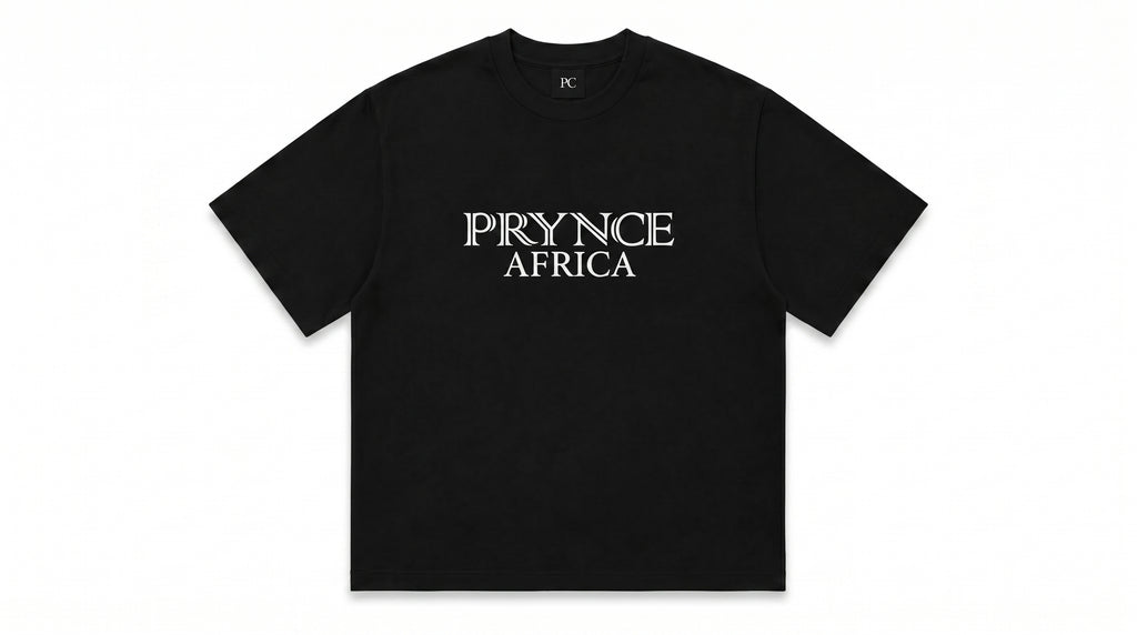 Black t-shirt with 'PRYNCE AFRICA' text on a white background