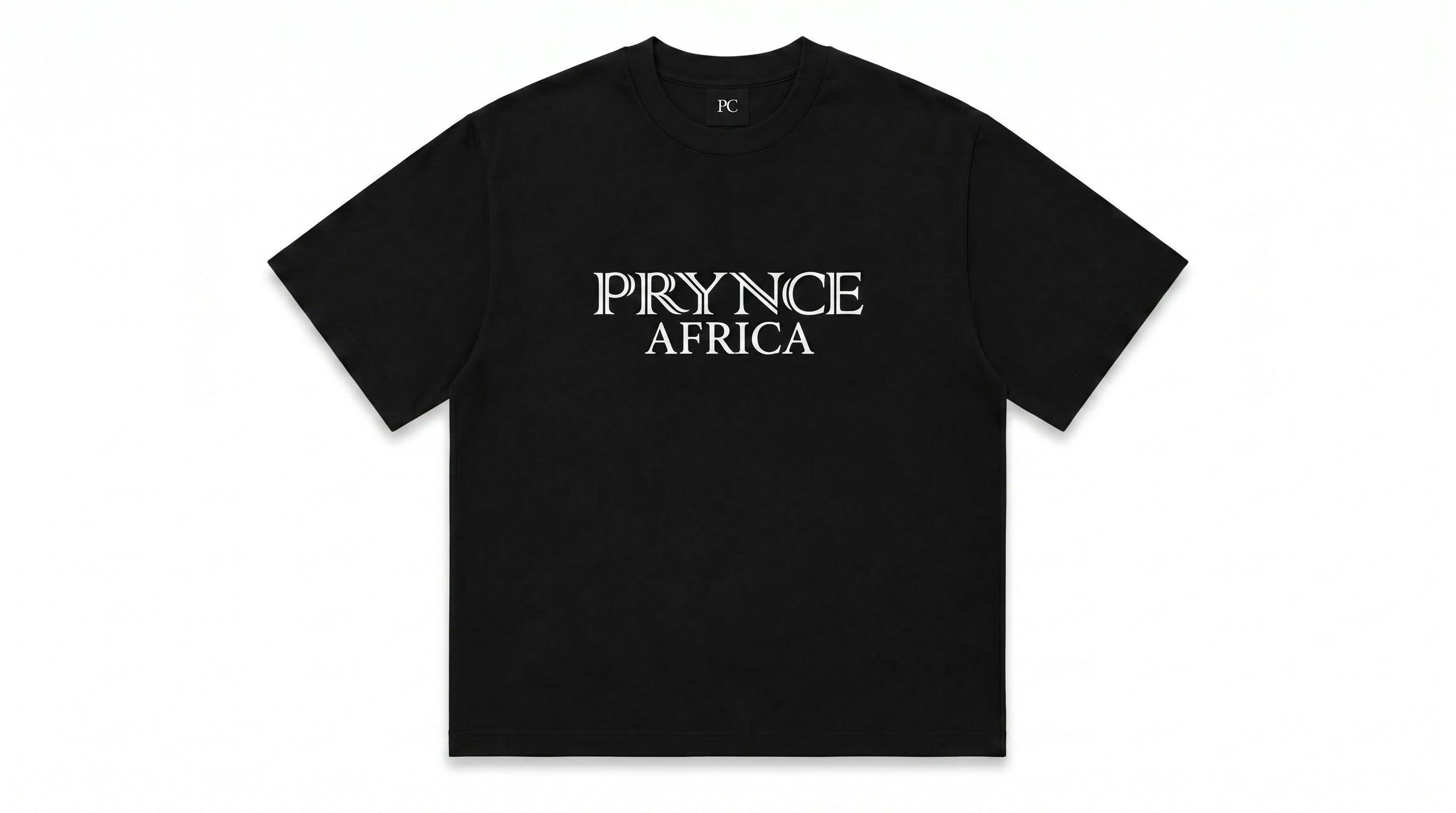 Black t-shirt with 'PRYNCE AFRICA' text on a white background