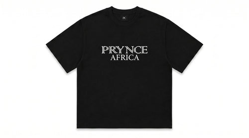 Black t-shirt with 'PRYNCE AFRICA' text on a white background