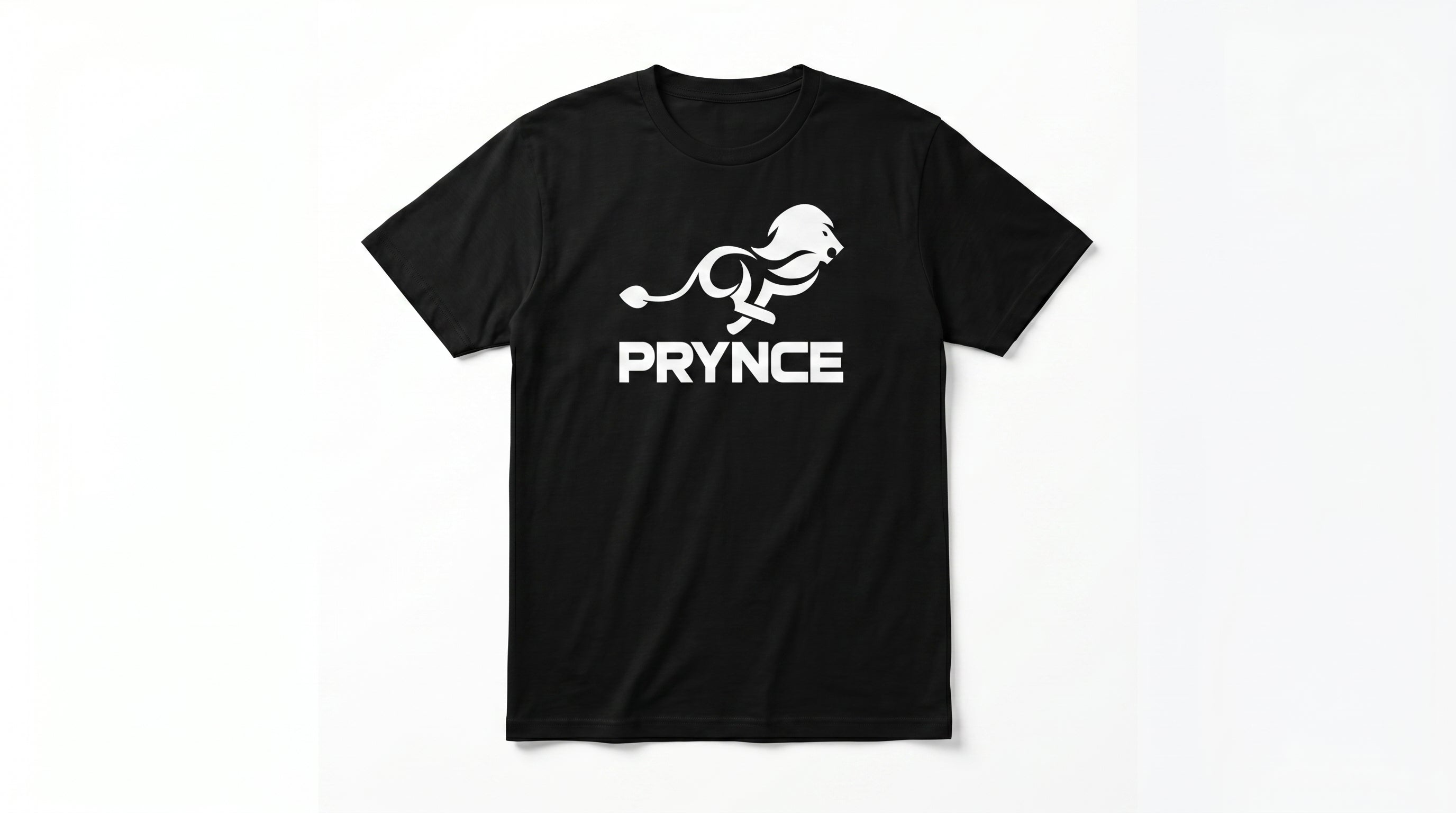Black t-shirt with a white lion logo and 'PRYNCE' text on a white background