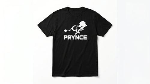 Black t-shirt with a white lion logo and 'PRYNCE' text on a white background