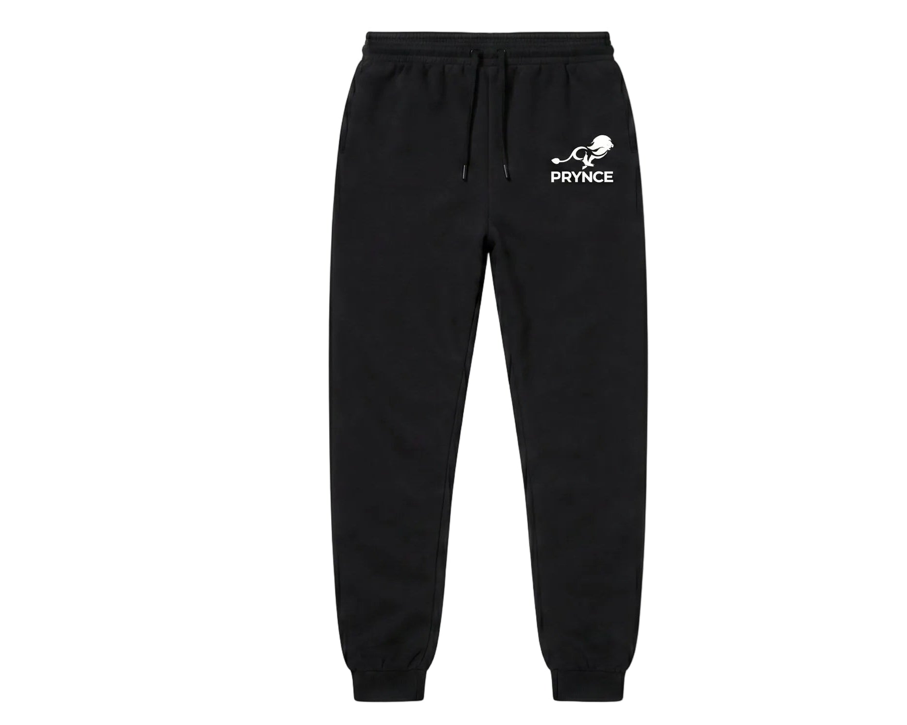 Black sweatpants with a logo on a white background