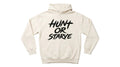 White hoodie with 'Hunt or Starve' text on a gray background