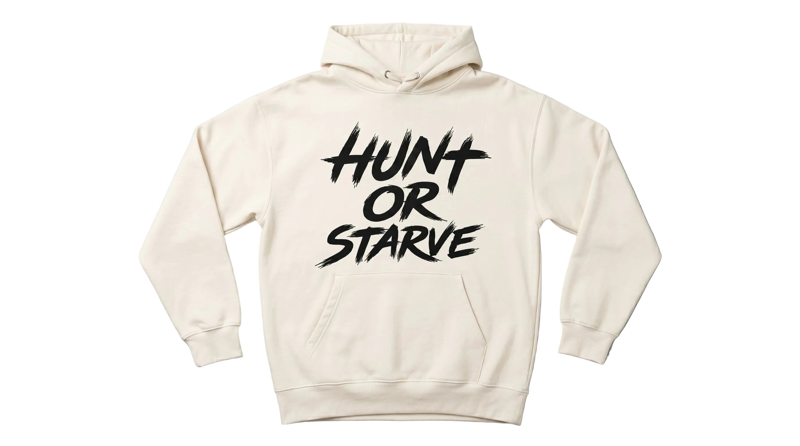 White hoodie with 'Hunt or Starve' text on a gray background